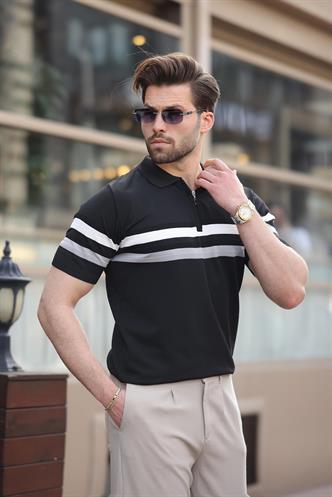 Siyah Fermuarlı Polo Yaka Triko Erkek T-shirt E7299