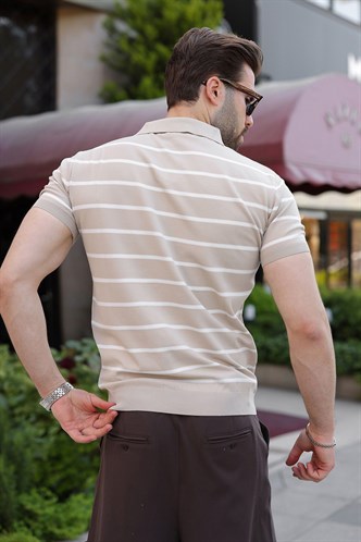 Bej Çizgili Polo Yaka Triko Erkek T-shirt E7405