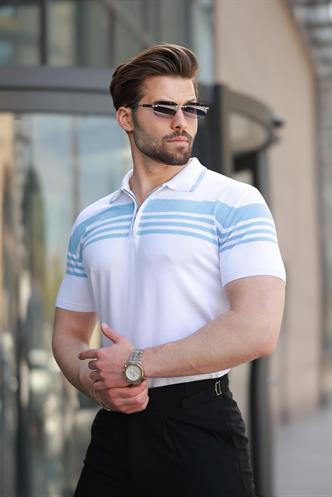 Beyaz Fermuarlı Polo Yaka Erkek Triko T-shirt E7407