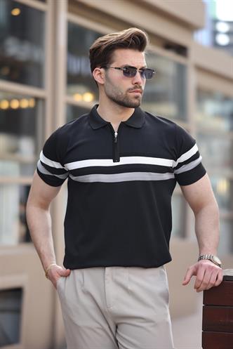 Siyah Fermuarlı Polo Yaka Triko Erkek T-shirt E7299