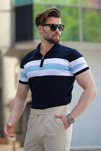 Lacivert Fermuarlı Polo Yaka Çizgili Erkek Tişört E7406