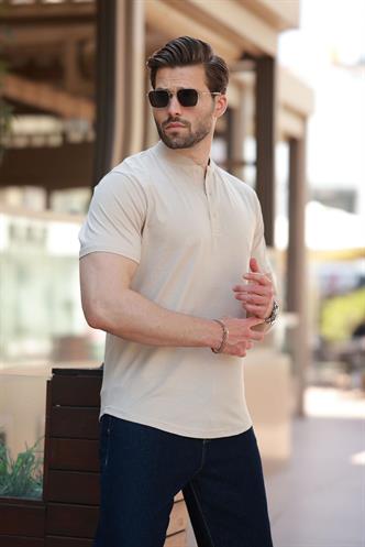 Bej Hakim Yaka Düğme Detaylı Kısa Kollu Tişört 7021