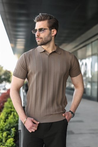 Açık Kahverengi Slim Fit Polo Yaka Triko Erkek Tişört E7491