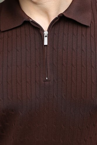 Acı Kahverengi Polo Yaka Örgü Desenli Triko Erkek Tişört E7489