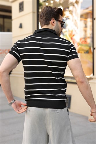 Siyah Çizgili Polo Yaka Triko Erkek T-shirt E7405