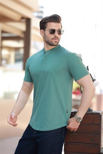 Yeşil Hakim Yaka Düğme Detaylı Kısa Kollu Tişört 7021