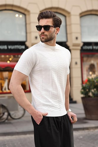 Beyaz Bisiklet Yaka Slim Fit Triko Erkek Tişört E7466