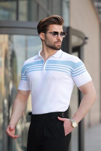 Beyaz Fermuarlı Polo Yaka Erkek Triko T-shirt E7407