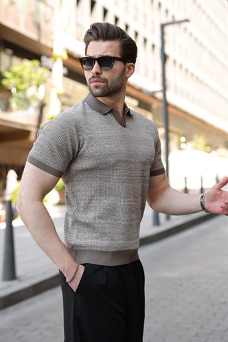 Açık Kahverengi Polo Yaka Regular Fit Erkek Triko Tişört E7496
