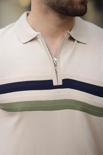 Taş Rengi Fermuarlı Polo Yaka Triko Erkek T-shirt E7299