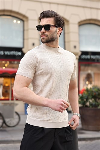 Taş Rengi Bisiklet Yaka Slim Fit Triko Erkek Tişört E7466