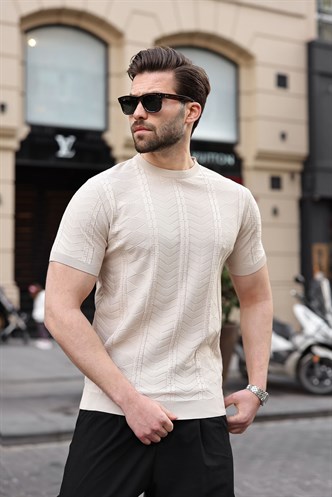 Taş Rengi Bisiklet Yaka Slim Fit Triko Erkek Tişört E7466