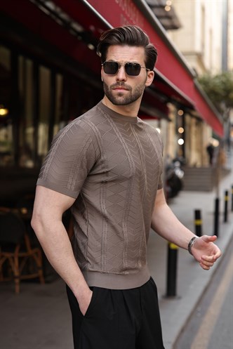 Açık Kahverengi Bisiklet Yaka Slim Fit Triko Erkek Tişört E7466