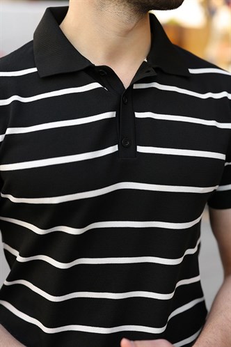 Siyah Çizgili Polo Yaka Triko Erkek T-shirt E7405