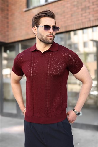 Mürdüm Delikli Polo Yaka Erkek Triko Tişört E7495