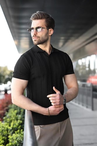 Siyah Slim Fit Polo Yaka Triko Erkek Tişört E7491