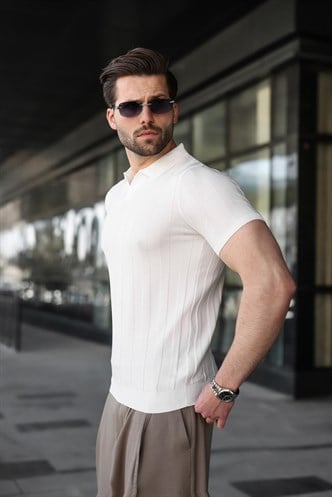 Beyaz Slim Fit Polo Yaka Triko Erkek Tişört E7491