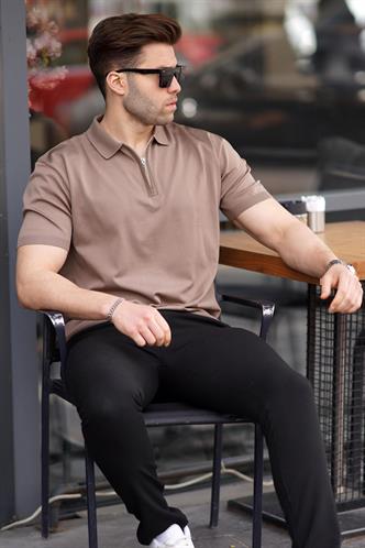 Kahverengi Fermuar Detaylı Polo Yaka Triko Tişört 6885