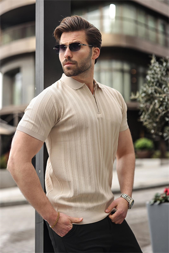 Taş Rengi Yarım Fermuarlı Polo Yaka Erkek Triko Tişört E7458