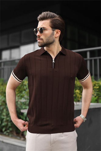 Madmext Erkek Kahverengi Polo Yaka Fermuarlı Tişört 6876