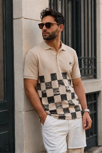 Bej Desenli Erkek Polo Yaka Tişört 5871