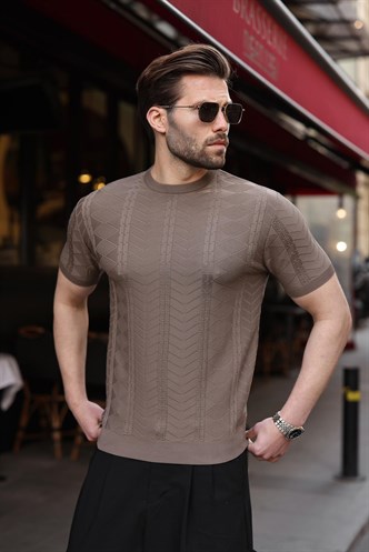 Açık Kahverengi Bisiklet Yaka Slim Fit Triko Erkek Tişört E7466