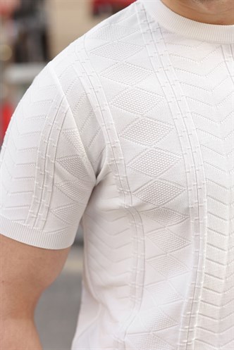 Beyaz Bisiklet Yaka Slim Fit Triko Erkek Tişört E7466
