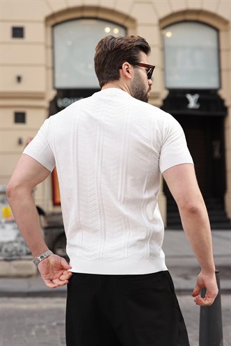 Beyaz Bisiklet Yaka Slim Fit Triko Erkek Tişört E7466