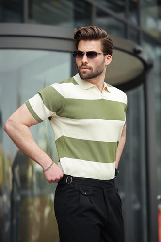 Haki Polo Yaka Çizgili Erkek Triko Tişört E7411