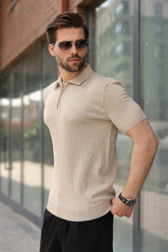 Bej Polo Yaka Örgü Desenli Triko Erkek Tişört E7489