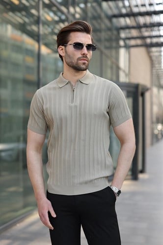 Kum Rengi Yarım Fermuarlı Polo Yaka Erkek Triko Tişört E7458
