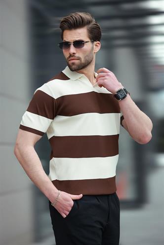Kahverengi Polo Yaka Çizgili Erkek Triko Tişört E7411