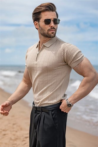 Taş Rengi Regular Fit Polo Yaka Triko Erkek Tişört E7503