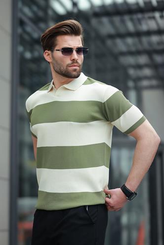 Haki Polo Yaka Çizgili Erkek Triko Tişört E7411