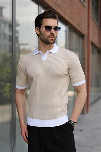 Taş Rengi Polo Yaka Triko Erkek Tişört E7471