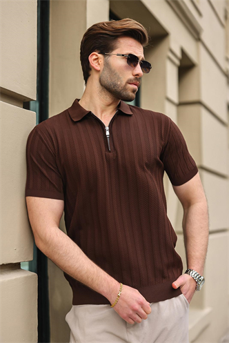 Kahverengi Yarım Fermuarlı Polo Yaka Erkek Triko Tişört E7458