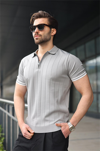 Madmext Erkek Gri Polo Yaka Fermuarlı Tişört 6876