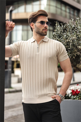 Taş Rengi Yarım Fermuarlı Polo Yaka Erkek Triko Tişört E7458