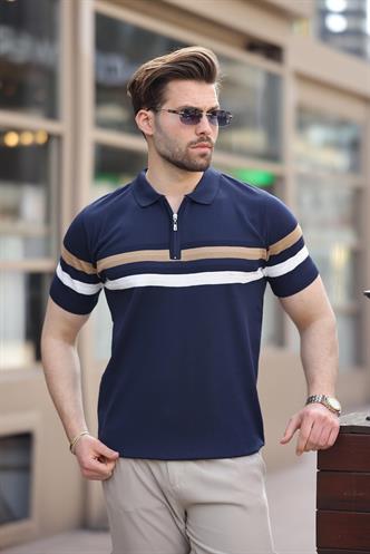 Lacivert Fermuarlı Polo Yaka Triko Erkek T-shirt E7299