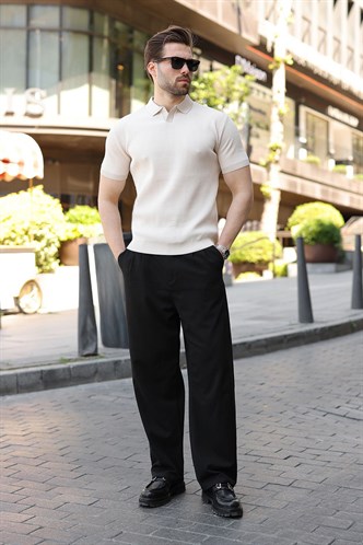 Bej Polo Yaka Regular Fit Erkek Triko Tişört E7496