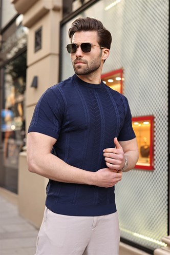 Lacivert Bisiklet Yaka Slim Fit Triko Erkek Tişört E7466
