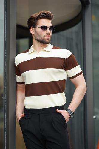 Kahverengi Polo Yaka Çizgili Erkek Triko Tişört E7411