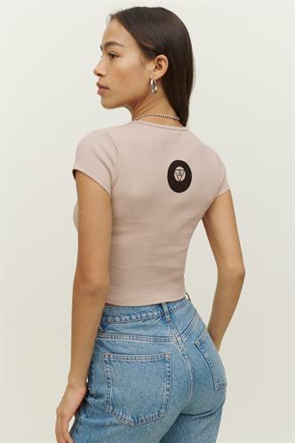 Pudra Baskılı Bisiklet Yaka Tişört MG1756