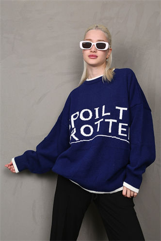 Saks Yazılı Oversize Bisiklet Yaka  Kadın Kazak MG1596