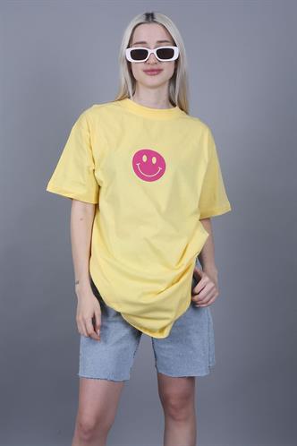 Sarı Baskılı Oversize Bisiklet Yaka Kadın Tişört