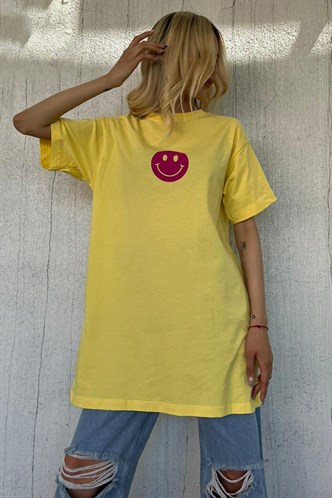 Sarı Baskılı Oversize Bisiklet Yaka Kadın Tişört