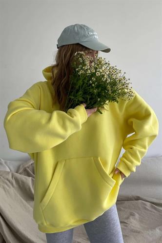 Sarı Kapüşonlu Şardonlu Oversize Sweatshirt MG1566