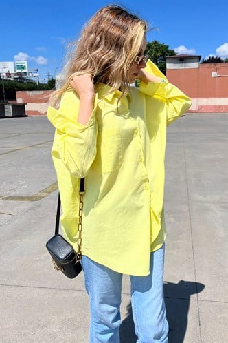 Sarı Oversize Basic Cepli Poplin Gömlek MG1530