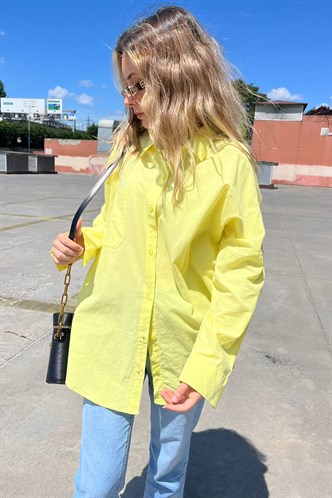 Sarı Oversize Basic Cepli Poplin Gömlek MG1530