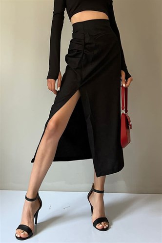 Siyah Basic Midi Boy Büzgülü Keten Etek MG1540